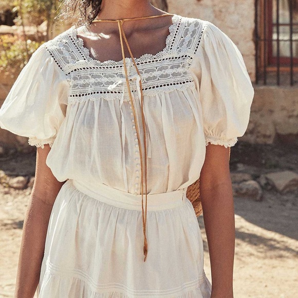 DOEN White Lightweight Square Neck Button Down Lace Puff Sleeve Anneth Blouse M - Picture 6 of 17